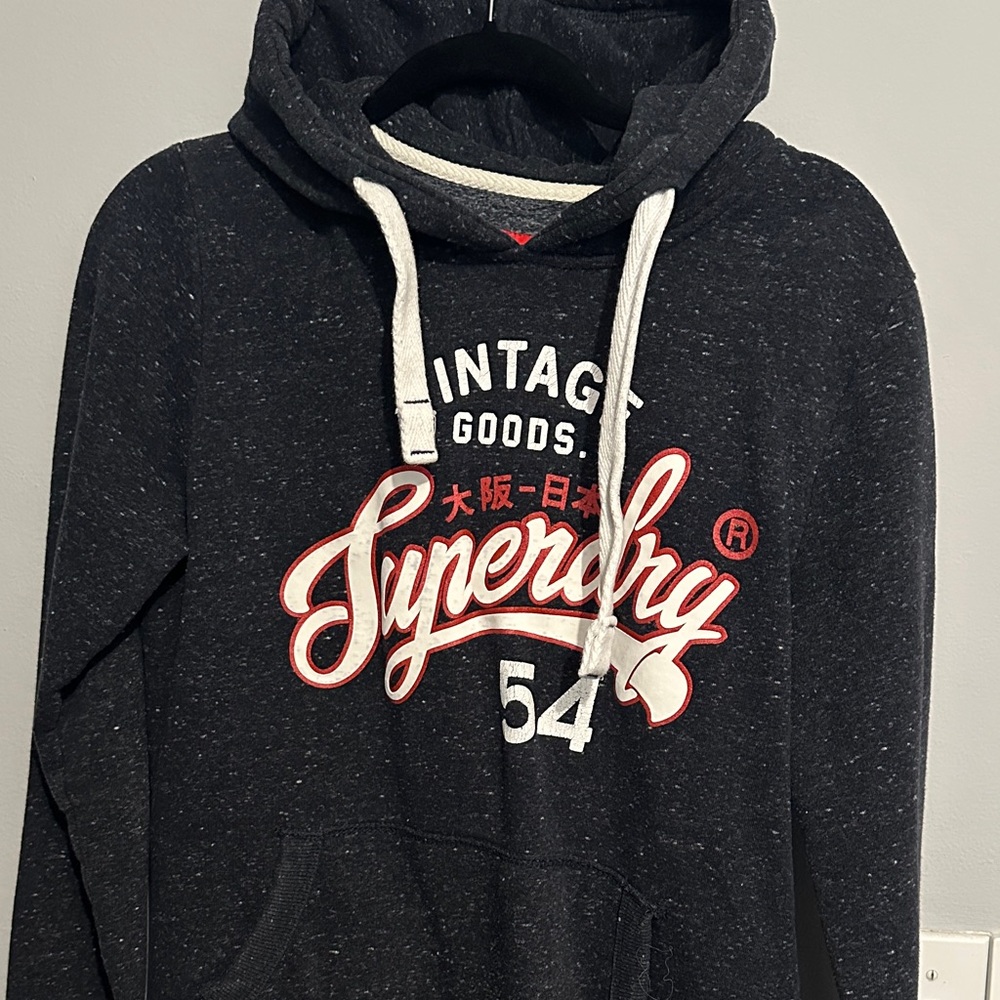 Superdry Men’s Dark Heather Navy Hoodie with Red White Logo